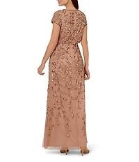 Adrianna Papell Beaded Mesh Crew Neck Short Sleeve Blouson Long Dress