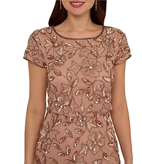 Adrianna Papell Beaded Mesh Crew Neck Short Sleeve Blouson Long Dress