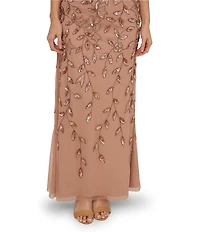 Adrianna Papell Beaded Mesh Crew Neck Short Sleeve Blouson Long Dress