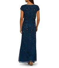 Adrianna Papell Beaded Mesh Crew Neck Short Sleeve Blouson Long Dress