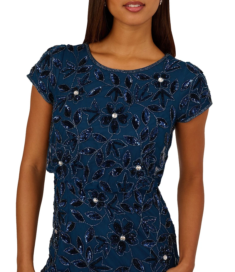 Adrianna Papell Beaded Mesh Crew Neck Short Sleeve Blouson Long Dress