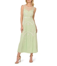 Adrianna Papell Beaded Mesh Crew Neck Sleeveless A-Line Midi Dress