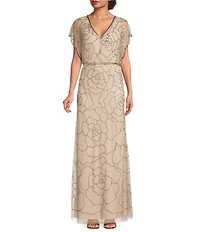 Adrianna Papell Beaded Mesh Dolman Sleeve Blouson Gown