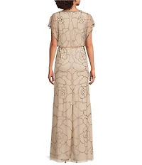 Adrianna Papell Beaded Mesh Dolman Sleeve Blouson Gown