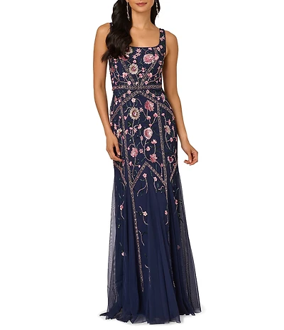 Adrianna Papell Beaded Mesh Floral Godet Gown
