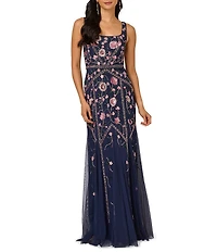 Adrianna Papell Beaded Mesh Floral Godet Gown