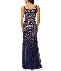 Adrianna Papell Beaded Mesh Floral Godet Gown