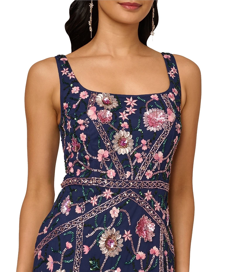 Adrianna Papell Beaded Mesh Floral Godet Gown