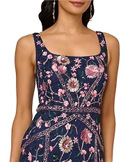 Adrianna Papell Beaded Mesh Floral Godet Gown