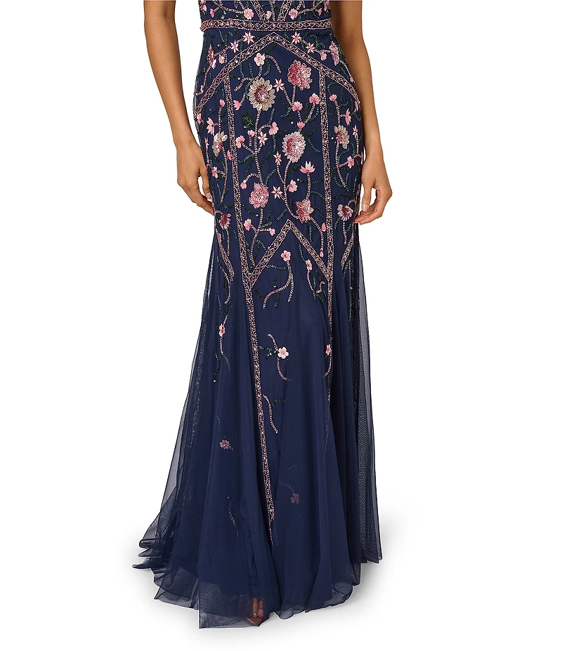 Adrianna Papell Beaded Mesh Floral Godet Gown