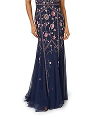 Adrianna Papell Beaded Mesh Floral Godet Gown