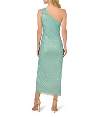 Adrianna Papell Beaded Mesh Floral One Shoulder Neck Sleeveless Sheath Midi Dress