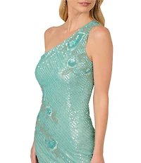 Adrianna Papell Beaded Mesh Floral One Shoulder Neck Sleeveless Sheath Midi Dress