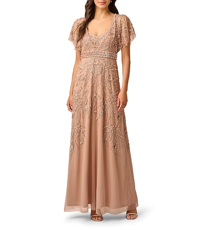 Adrianna Papell Beaded Mesh Flutter Sleeve Sweetheart Neck Long Dress