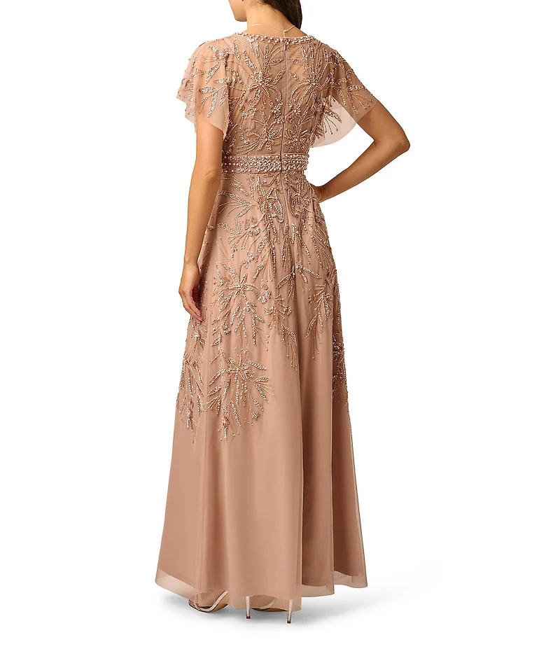 Adrianna Papell Beaded Mesh Flutter Sleeve Sweetheart Neck Long Dress