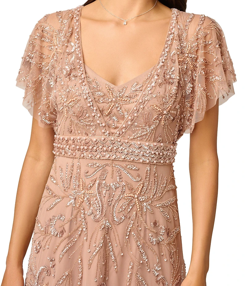 Adrianna Papell Beaded Mesh Flutter Sleeve Sweetheart Neck Long Dress