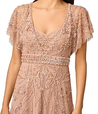 Adrianna Papell Beaded Mesh Flutter Sleeve Sweetheart Neck Long Dress