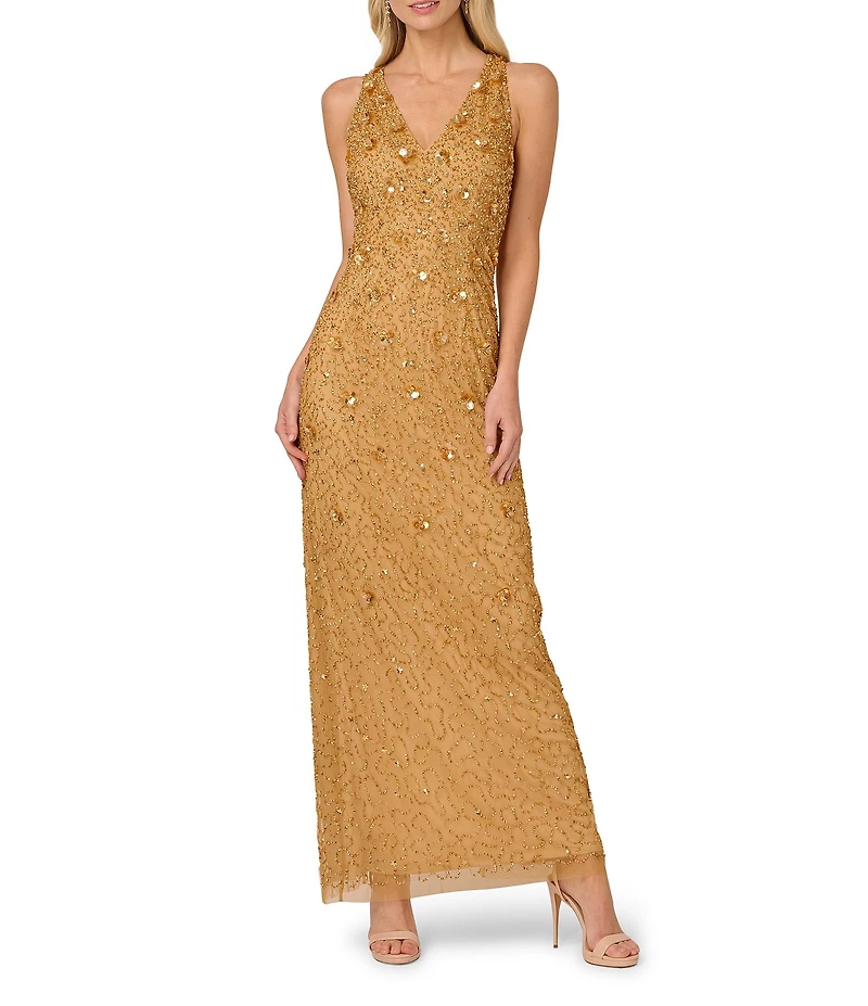 Adrianna Papell Beaded Mesh Halter Sleeveless Column Gown