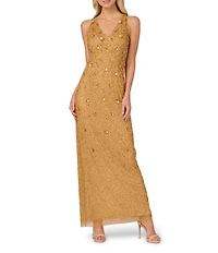 Adrianna Papell Beaded Mesh Halter Sleeveless Column Gown