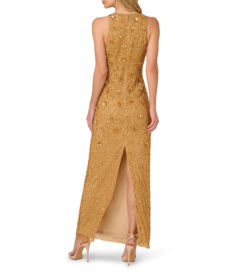 Adrianna Papell Beaded Mesh Halter Sleeveless Column Gown