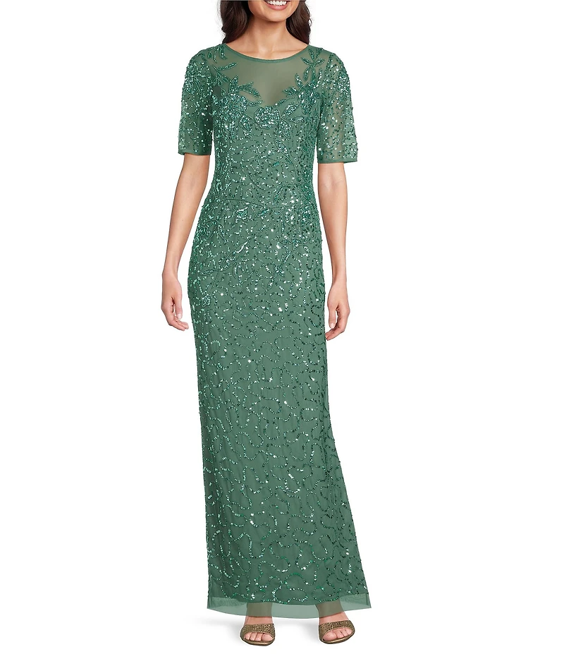 Adrianna Papell Beaded Mesh Illusion Neck Elbow Sleeve Column Gown