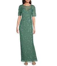 Adrianna Papell Beaded Mesh Illusion Neck Elbow Sleeve Column Gown