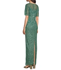 Adrianna Papell Beaded Mesh Illusion Neck Elbow Sleeve Column Gown