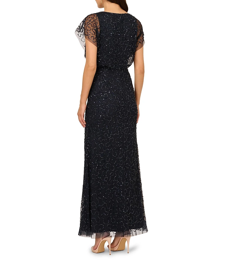 Adrianna Papell Beaded Mesh Lace Short Flutter Sleeve Blouson Dress