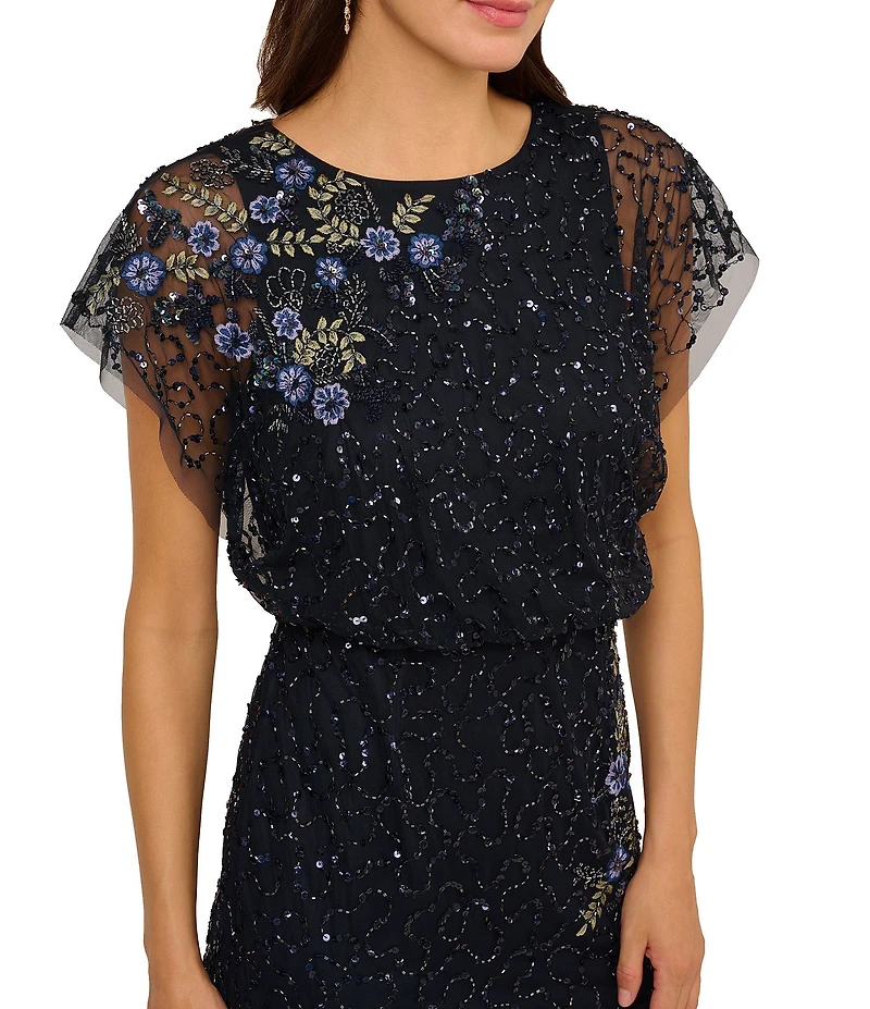 Adrianna Papell Beaded Mesh Lace Short Flutter Sleeve Blouson Dress