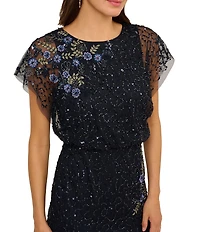 Adrianna Papell Beaded Mesh Lace Short Flutter Sleeve Blouson Dress