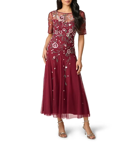 Adrianna Papell Beaded Mesh Midi Dress