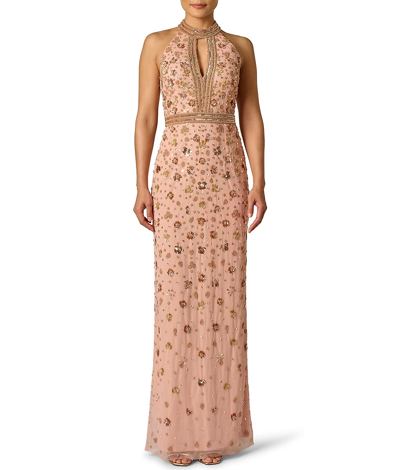 Adrianna Papell Beaded Mesh Plunge Halter Neck Long Gown