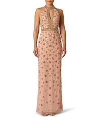 Adrianna Papell Beaded Mesh Plunge Halter Neck Long Gown