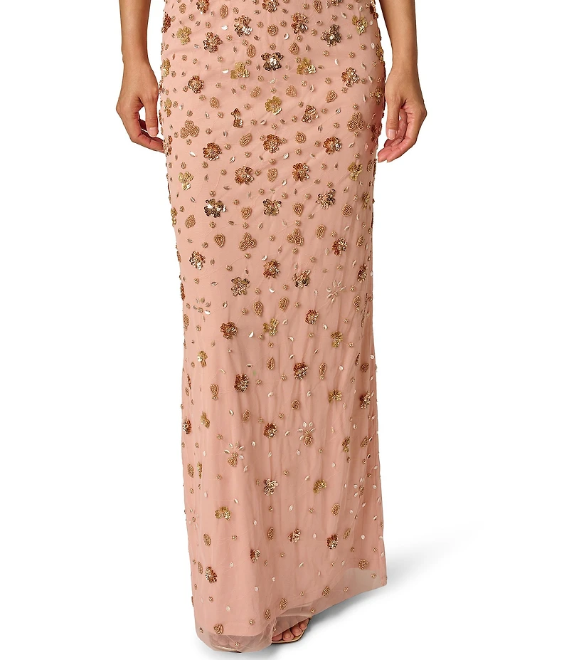 Adrianna Papell Beaded Mesh Plunge Halter Neck Long Gown