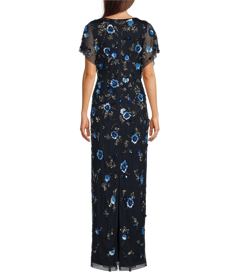 Adrianna Papell Beaded Mesh Short Flutter Sleeve Long Dress
