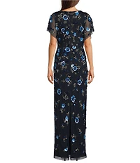 Adrianna Papell Beaded Mesh Short Flutter Sleeve Long Dress