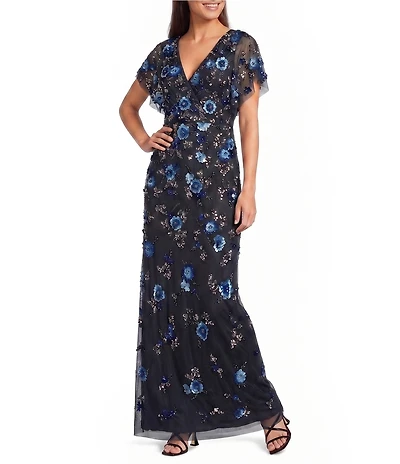 Adrianna Papell Beaded Mesh Short Flutter Sleeve Long Dress