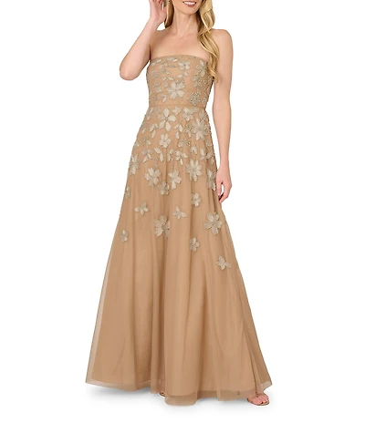 Adrianna Papell Beaded Mesh Strapless A-Line Dress