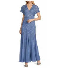 Adrianna Papell Beaded Mesh Surplice V-Neck Short Dolman Sleeve Fit & Flare Gown