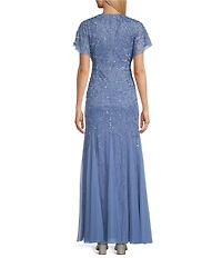 Adrianna Papell Beaded Mesh Surplice V-Neck Short Dolman Sleeve Fit & Flare Gown