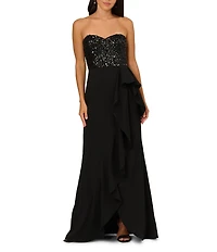 Adrianna Papell Beaded Mesh Sweetheart Strapless Ruffle Gown