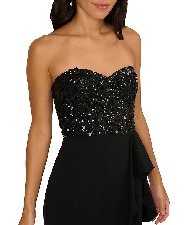 green emerald velvet dress Windsor Gabby Formal Mesh Strapless Ruffle Long Dress in Yellow