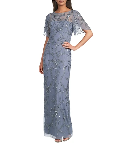 Adrianna Papell Beaded Mesh Tulip Sleeve Boat Neck Column Long Gown