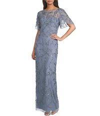 Adrianna Papell Beaded Mesh Tulip Sleeve Boat Neck Column Long Gown