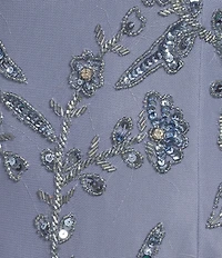 Adrianna Papell Beaded Mesh Tulip Sleeve Boat Neck Column Long Gown