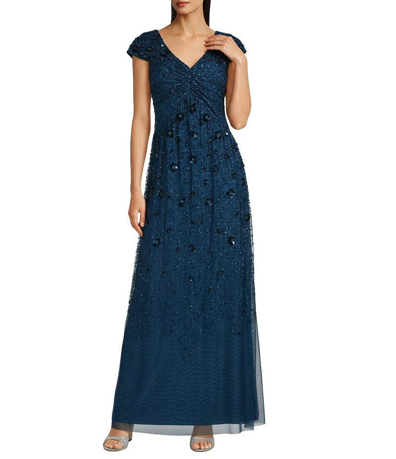 Adrianna Papell Beaded Mesh V-Neck Cap Sleeve A-Line Gown