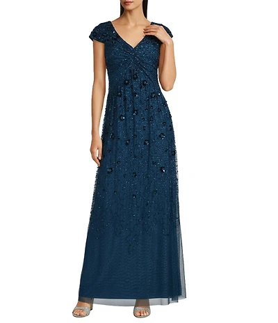 Adrianna Papell Beaded Mesh V-Neck Cap Sleeve A-Line Gown