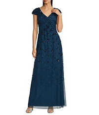 Adrianna Papell Beaded Mesh V-Neck Cap Sleeve A-Line Gown