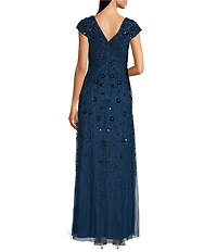 Adrianna Papell Beaded Mesh V-Neck Cap Sleeve A-Line Gown