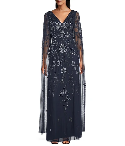 Adrianna Papell Beaded Mesh V-Neck Long Capelet Sleeves Sheath Gown